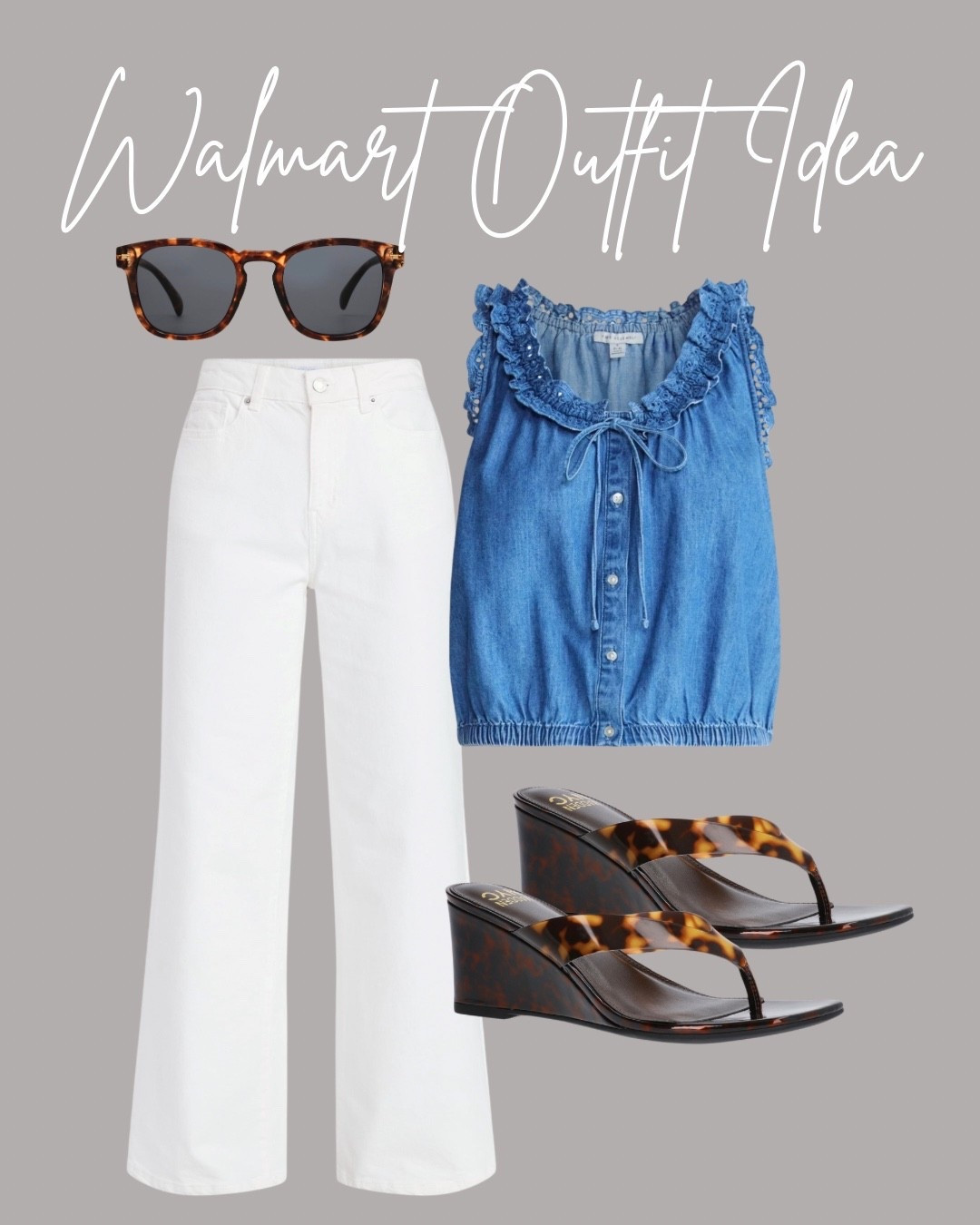Walmart spring outfit idea
Wide leg white jeans, chambray ruffle tank top, tortoise wedge sandals

#LTKootd #LTKSeasonal #LTKOver40
