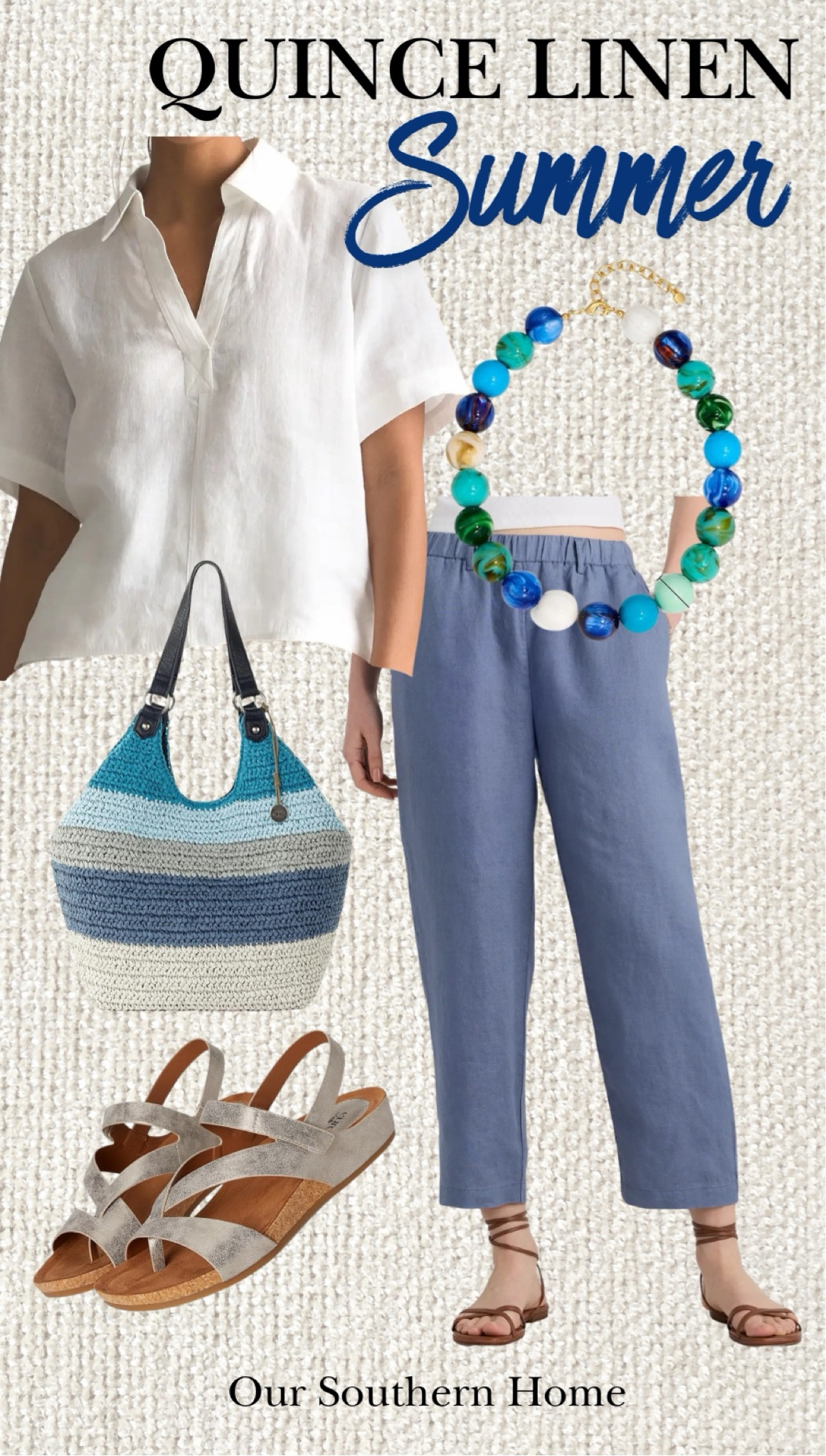 Shades of blue Quince Linen look for summer! Blue linen pants with a white linen popover shirt. Paired with chunky beaded necklace with blues and greens. Comfort metallic sandals and Sak bag. 



#LTKOver40 #LTKTravel #LTKmomlife