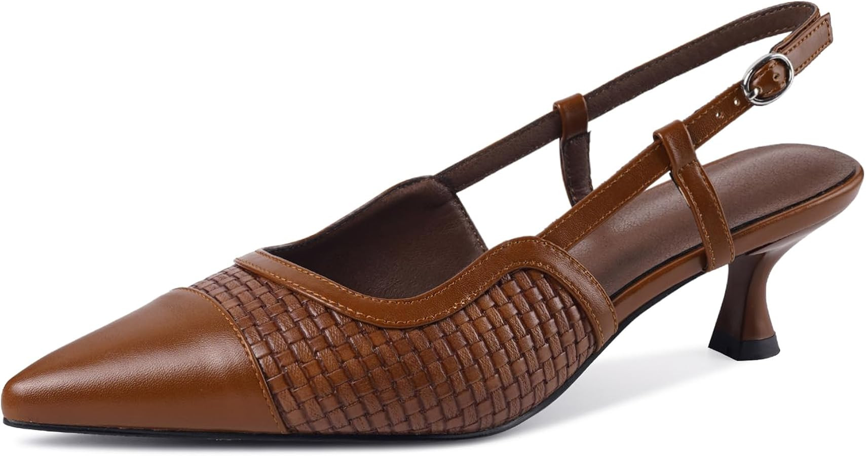 Woven Kitten Heels for Women Leather Pointed Toe Slingback Pumps Buckle Strap Comfortable Heels W... | Amazon (US)