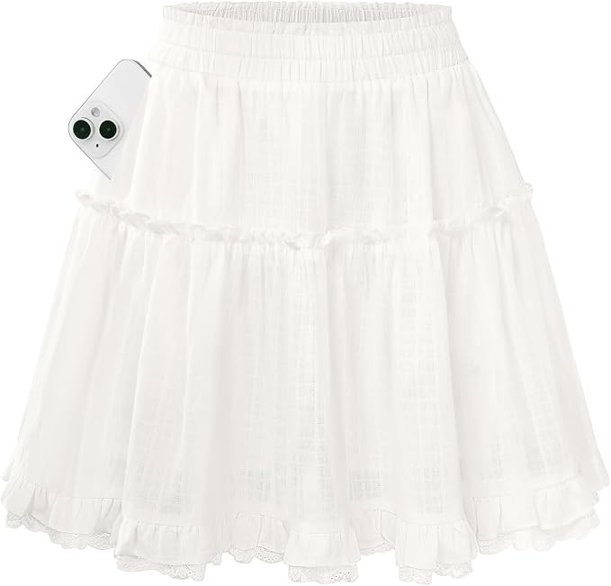 Kate Kasin Women Cotton Mini Skirts with Shorts Underneath, Ruffle Lace Skirt Flowy, Tiered Skort... | Amazon (US)