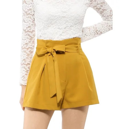 INSPIRE CHIC Women's Elegant Bow Self-Tie Belt High Paper Bag Waist Pleated Shorts M Yellow | Walmart (US)