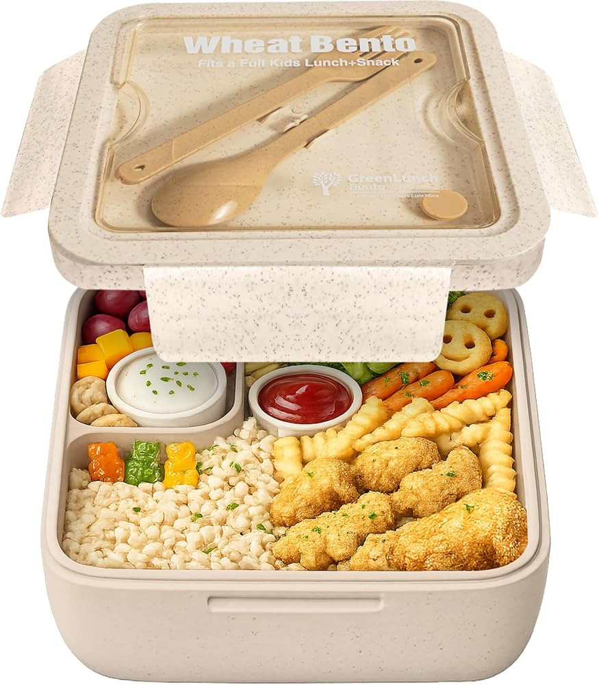 Lunch Box for Kids, Large 2-Compartment, Durable and Microwave Safe, BPA-Free with Utensils, Whea... | Amazon (US)