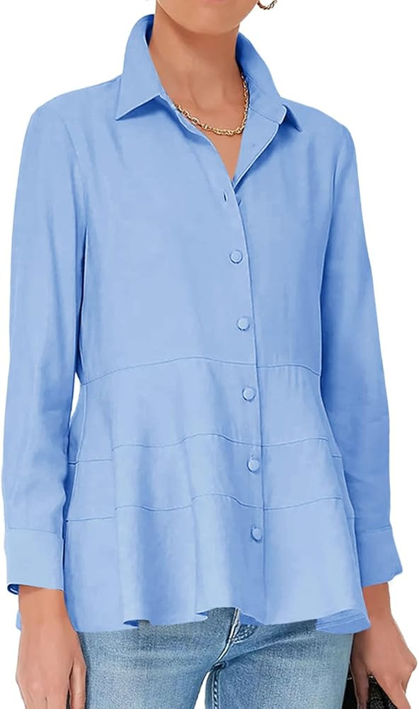 Cicy Bell Women's Button Down Shirts Collared V Neck Long Sleeve Peplum Tiered Blouse Tops | Amazon (US)