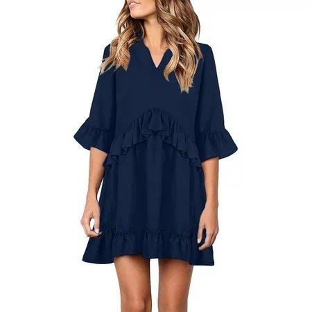 Womens Shift Dress V Neck Half Bell Sleeve Tassel Ruffle Tiered Swing Tunic Mini Dresses | Walmart (US)