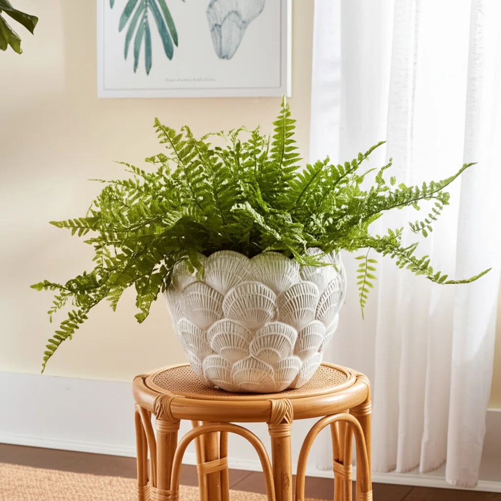 Stoneware Ceramic Planter with Embossed Scale Texture and Scalloped Rim Decorative Modern Pot | Wayfair North America