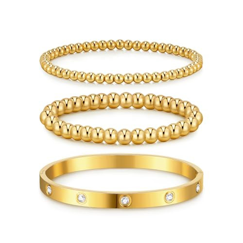 doubgood Gold Bracelets for Women Stackable Gold Bangles Friendship Beaded Bracelets Jewelry Set for Mother's Day Gifts Valentine Wedding Birthday 6.5INCH | Amazon (US)