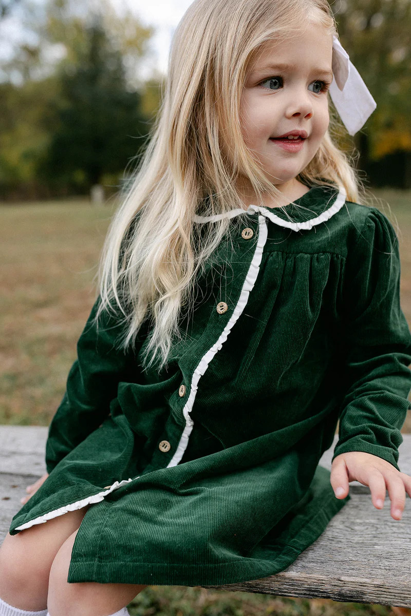 LONG SLEEVE PARKS DRESS - HUNTER GREEN CORDi | Little Paper Kids (US)