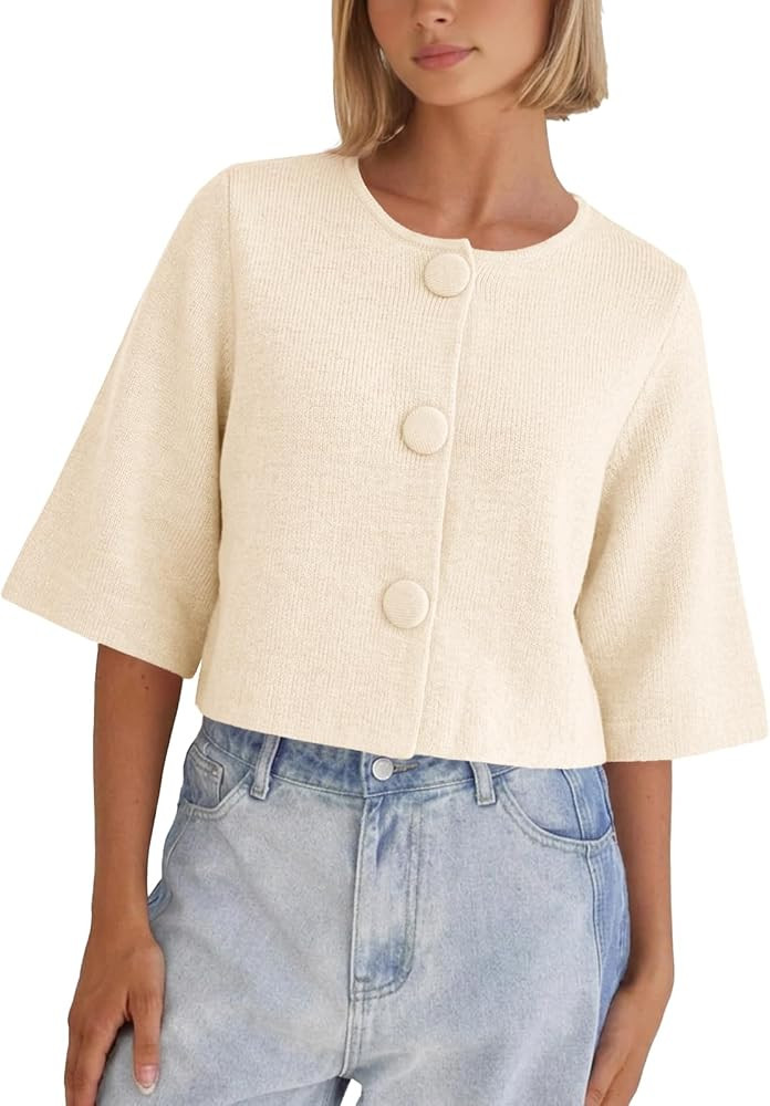 Tankaneo Womens Cropped Half Sleeve Cardigan Sweaters Knit Button Down Tops | Amazon (US)