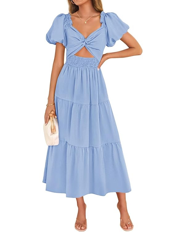 ZESICA Womens Summer 2025 Boho Vacation Dress Short Puff Sleeve Flowy Smocked Cutout A Line Beach... | Amazon (US)