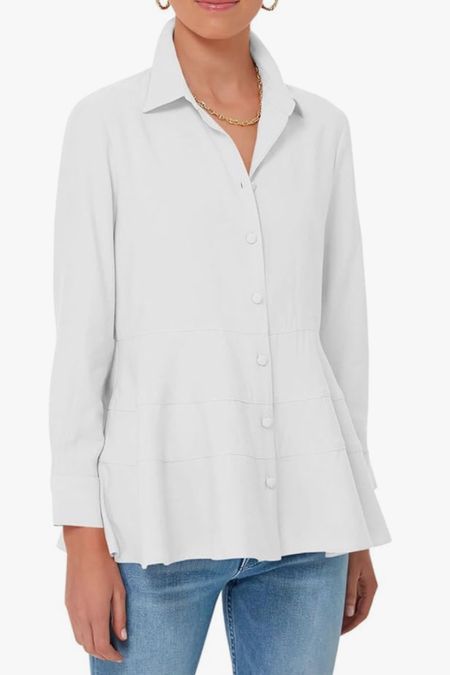 White peplum button down shirt, classic tops, classic outfits 

#LTKFindsUnder50 #LTKOver40 #LTKFindsUnder100