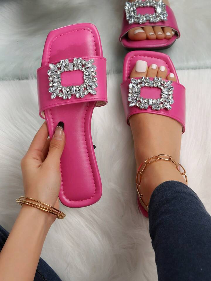 Glamorous Hot Pink Sandals For Women, Rhinestone Decor Slide Sandals | SHEIN