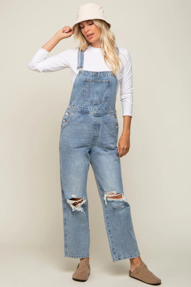 Light Wash Distressed Maternity Overalls | PinkBlush Maternity
