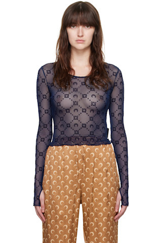 Navy Moonogram Mesh Long Sleeve T-Shirt | SSENSE