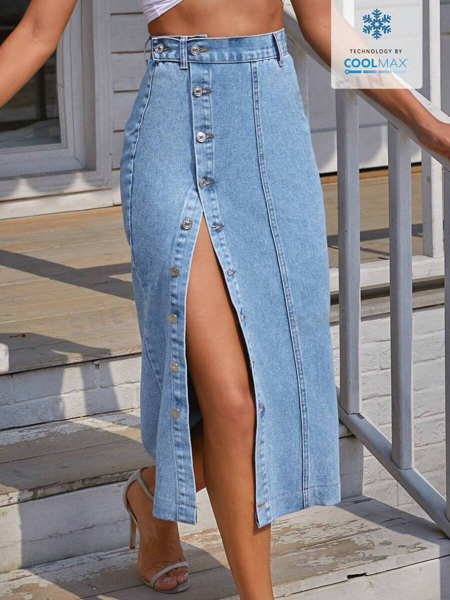 SHEIN Essnce Coolmax Front Button Denim Skirt | SHEIN