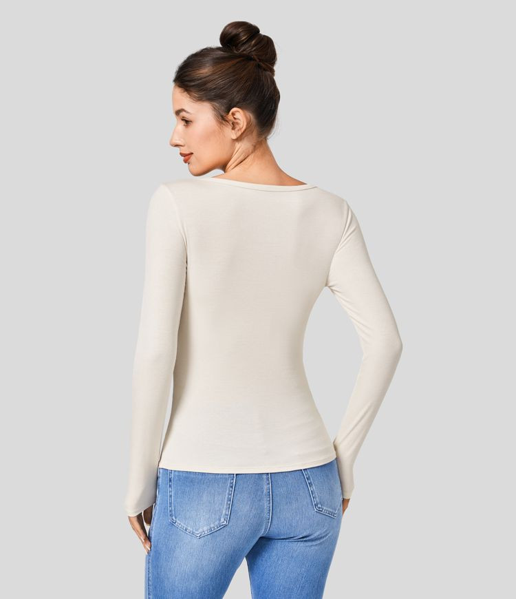 Women’s Ribbed Henley Neck Long Sleeve Slim Casual Top - Halara | HALARA