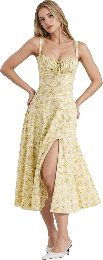 Women Floral Corset Dress, Boho Summer Spaghetti Straps Square Neck Casual Midi Dress Flowy Slit ... | Amazon (US)