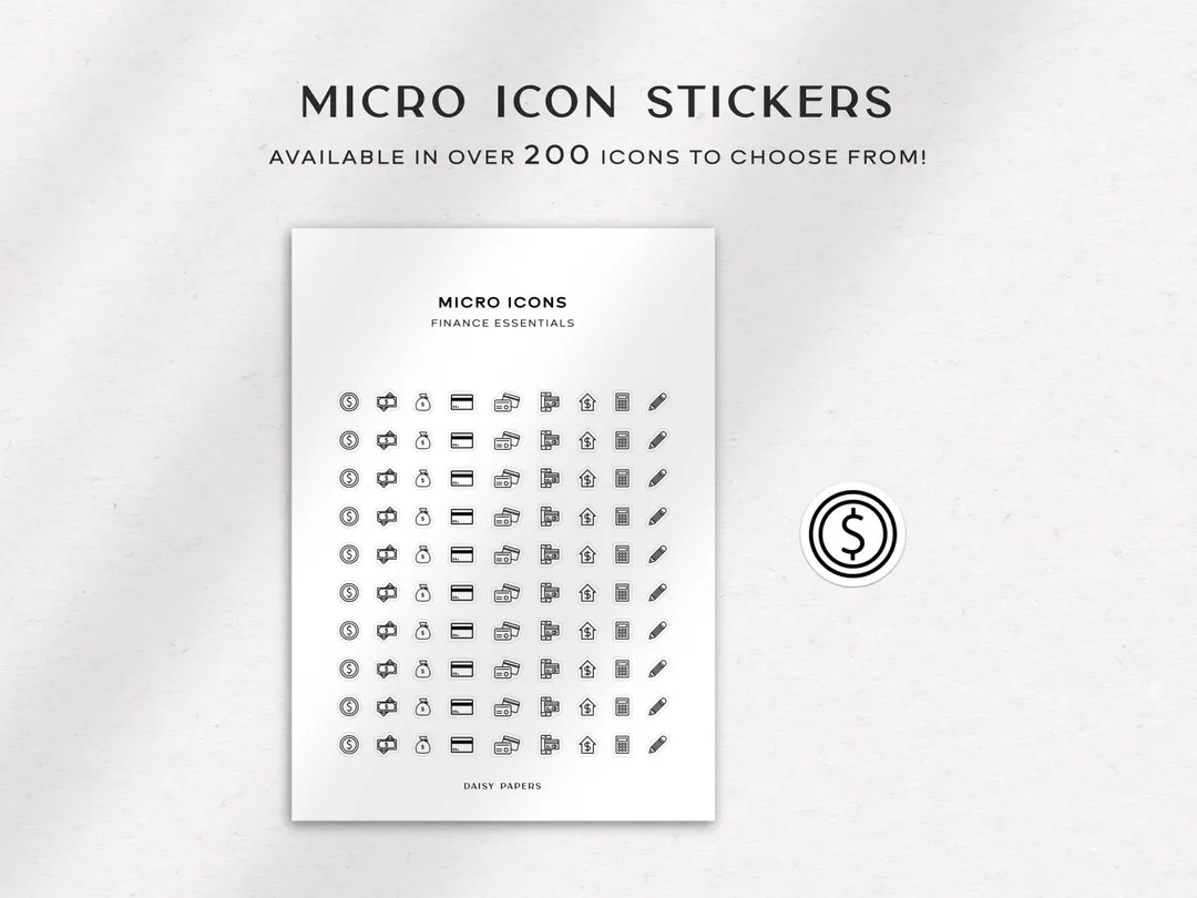 FINANCE ESSENTIALS - Micro Icon Stickers | Planner Stickers | Minimal & Functional Planner Sticke... | Etsy (US)