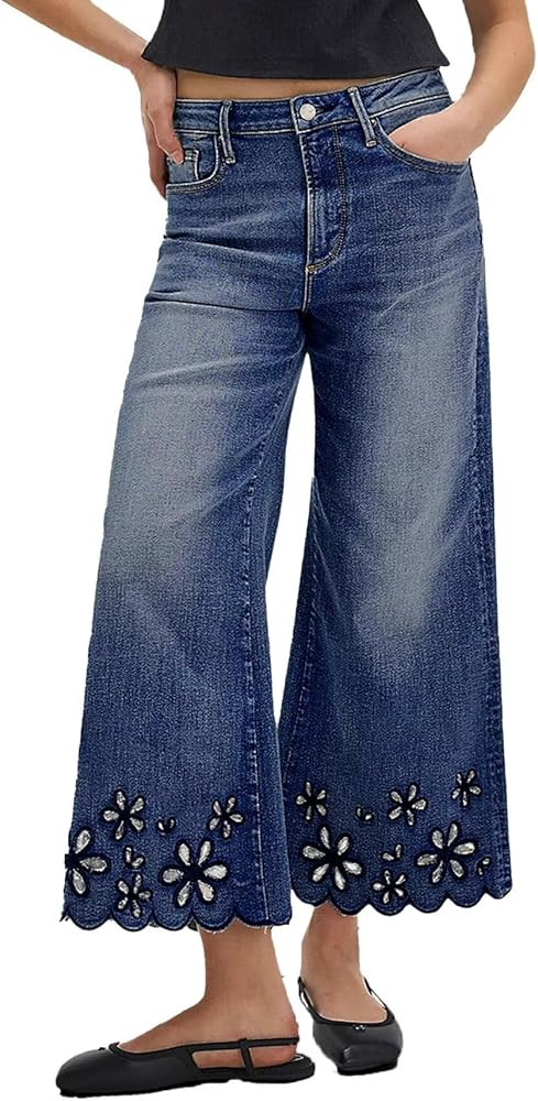 Flamingals Women's Mid Rise Wide Leg Jeans Floral Embroidery Strechy Casual Trendy Denim Pants | Amazon (US)