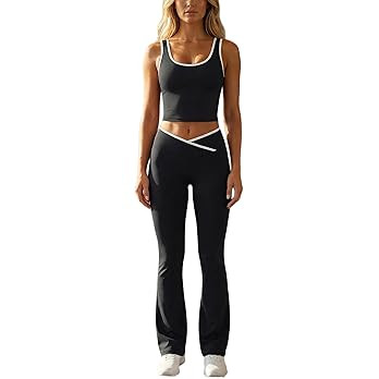 Women's 2 Piece Workout Set Colorblock Crossover High Waist Flare Leggings Crop Tank Top Athletic... | Amazon (US)