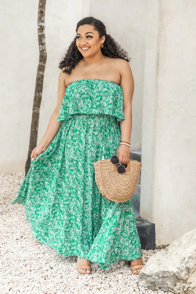 Fading Sun Green Strapless Printed Maxi Dress | The Pink Lily Boutique