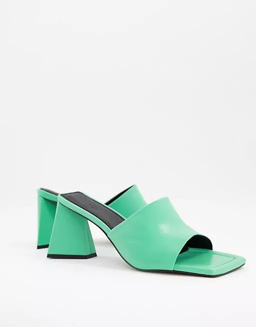 ASOS DESIGN Healing premium leather mid heeled mules in green | ASOS (Global)