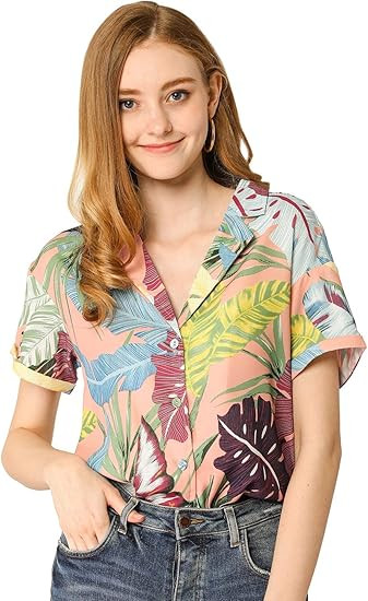 Allegra K Women's Hawaiian Shirts Floral Top Leaves Printed Short Sleeve Tropical Button Down Shi... | Amazon (US)