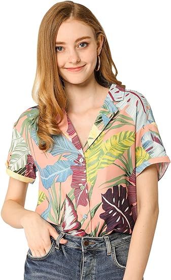 Allegra K Women's Hawaiian Shirts Floral Top Leaves Printed Short Sleeve Tropical Button Down Shi... | Amazon (US)