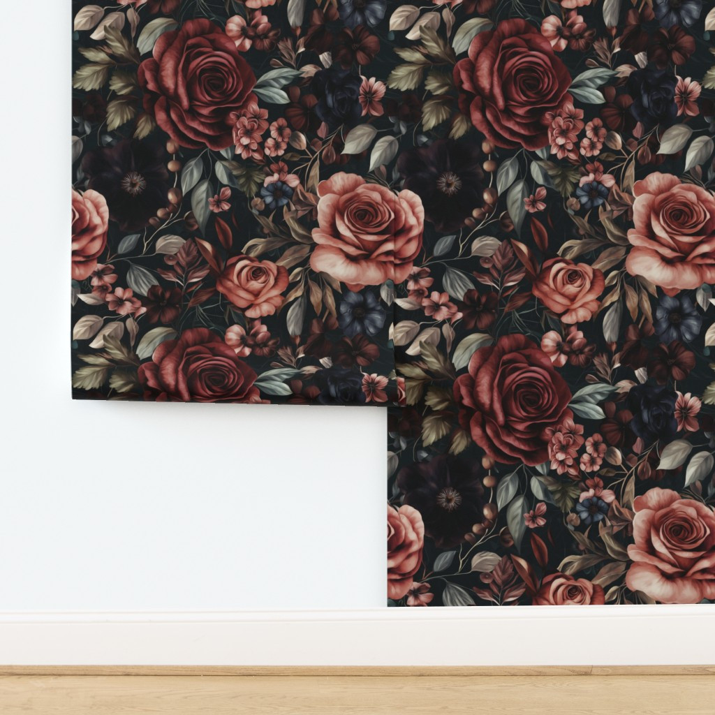 Deep Burgundy Roses Antique Florals Vintage Dark Floral Wallpaper | Spoonflower | Spoonflower