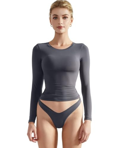 SUUKSESS Women Double Lined Fitted Basic T Shirts Crew Neck Long Sleeve Crop Top | Amazon (US)