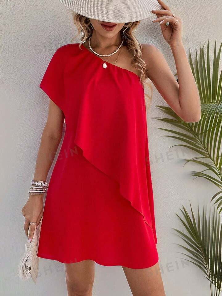 SHEIN Privé Solid Color Asymmetric Ruffle Trim Decor One-Shoulder Casual Dress | SHEIN