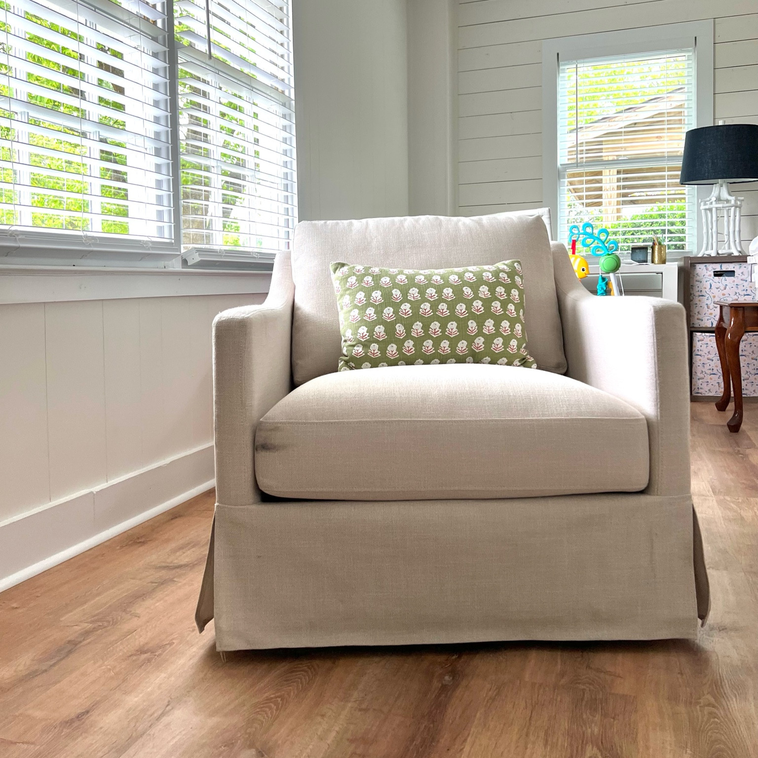 A beautiful slope-armed swivel chair for a fraction of the cost of most! 