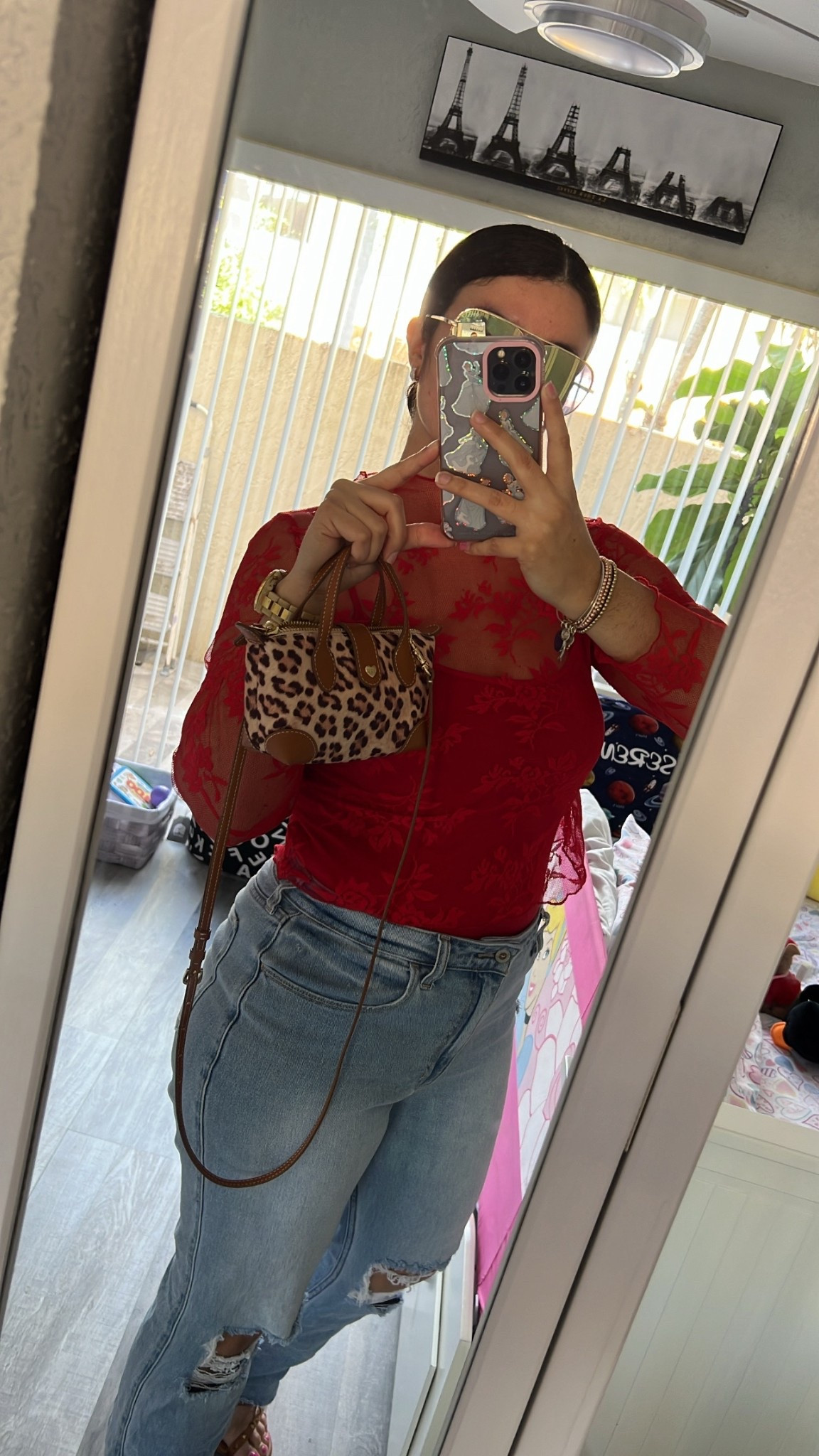 Red mesh top / high waisted jeans / studded heels / SCL leopard pouchette

#LTKMidsize #LTKSaleAlert #LTKootd