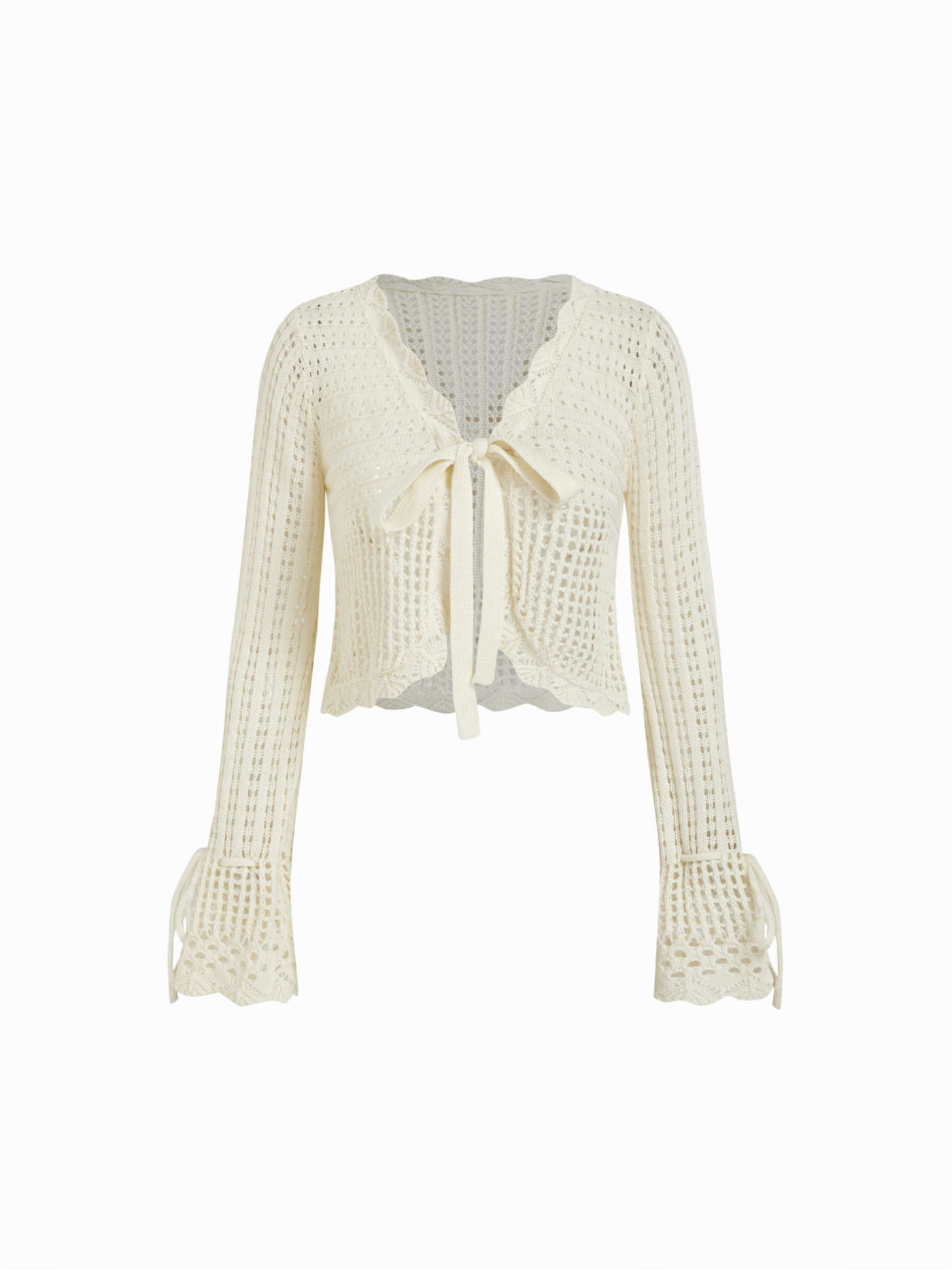 Knit Fabric Knit V-Neck Knotted Hollow Out Bell Sleeve Cropped Oversized Top For Daily Casual Vac... | Cider