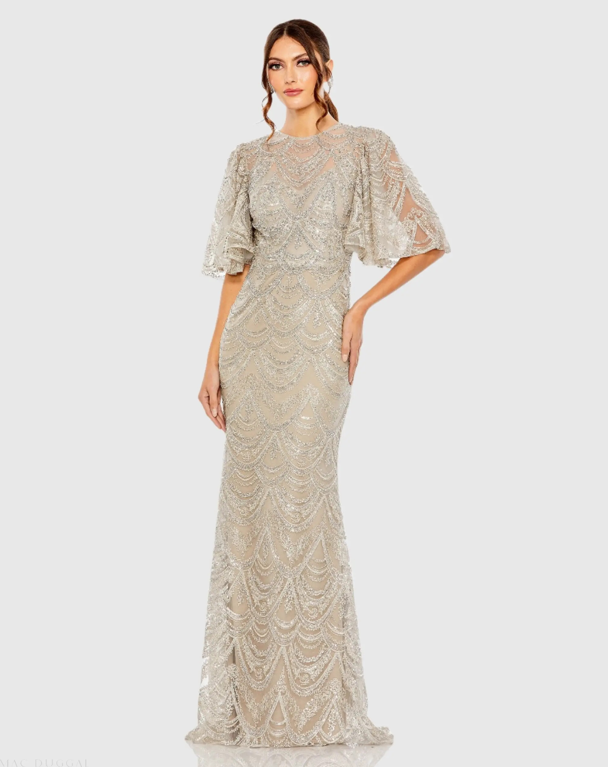 Beige and Silver Flutter Sleeve High Neck Gown | Mac Duggal | Mac Duggal