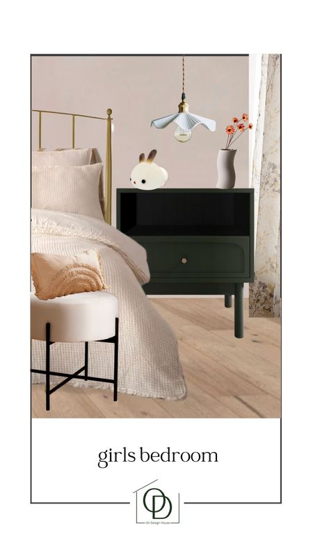 A tween girl's bedroom design with rainbow frill pillow, dark green nightstand with one drawer and shelf, floral curtains, sheer curtains, ribbed duvet cover, upholstered stool with black legs, bunny nightlight, wavy vase, scalloped pendant light, faux daisy stems 

#LTKstyletip #LTKfindsunder100 #LTKhome