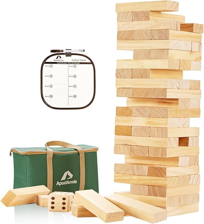 ApudArmis Giant Tumble Tower (Stack from 2Ft to Over 4.2Ft), 54 PCS Pine Wooden Stacking Timber G... | Amazon (US)