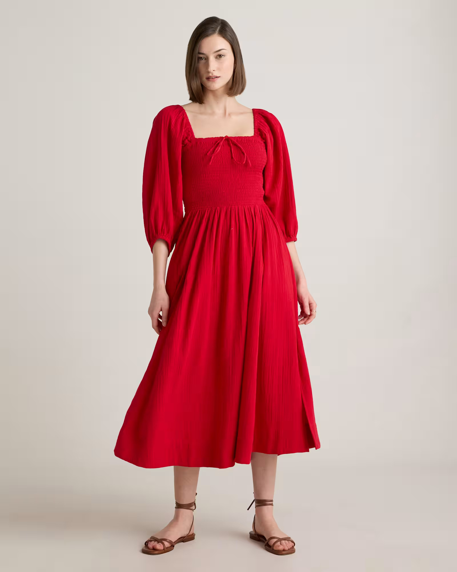 100% Organic Cotton Gauze Smocked Square Neck Midi Dress in Wild Cherry | Quince