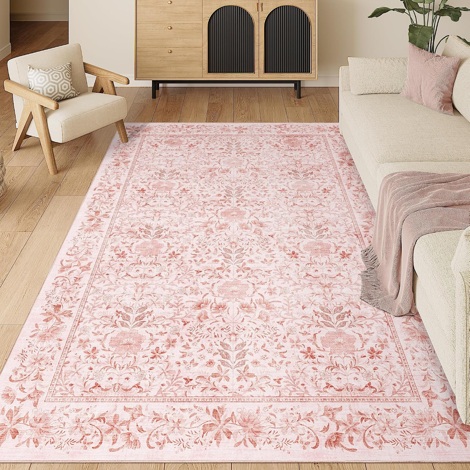 5x7 Area Rugs, Vintage Floral Washable Rug for Living Room, Pink | Amazon (US)