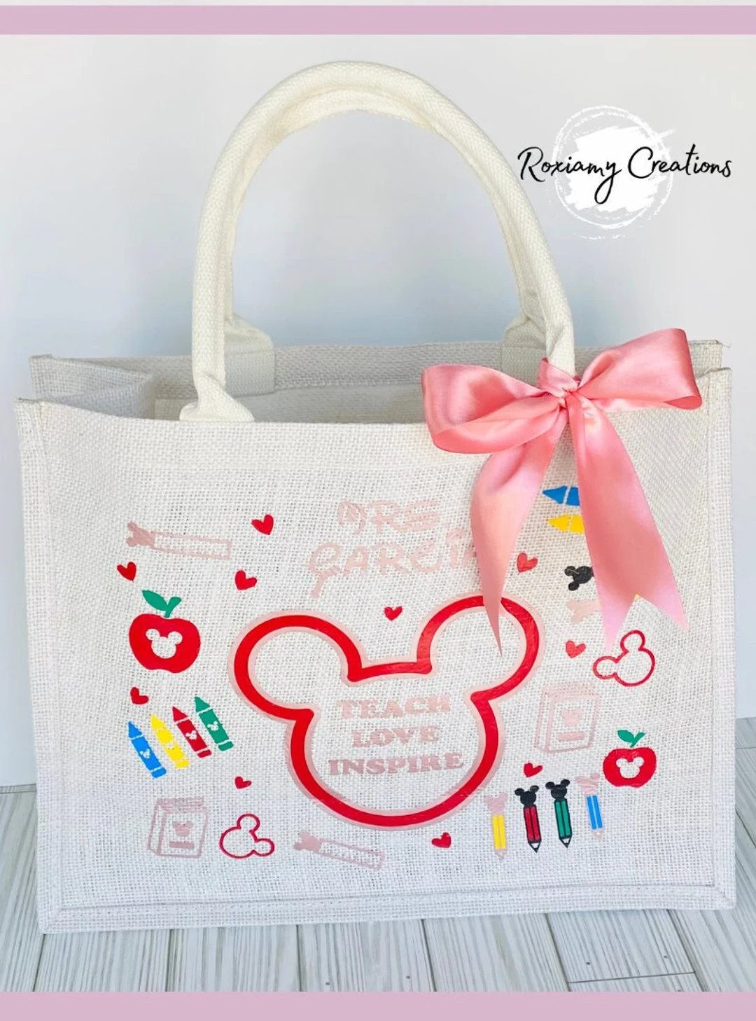 Personalized Disney Teacher Burlap Tote Bag, Disney Teacher Tote Bag, Disney Teacher Favor Bag, D... | Etsy (US)