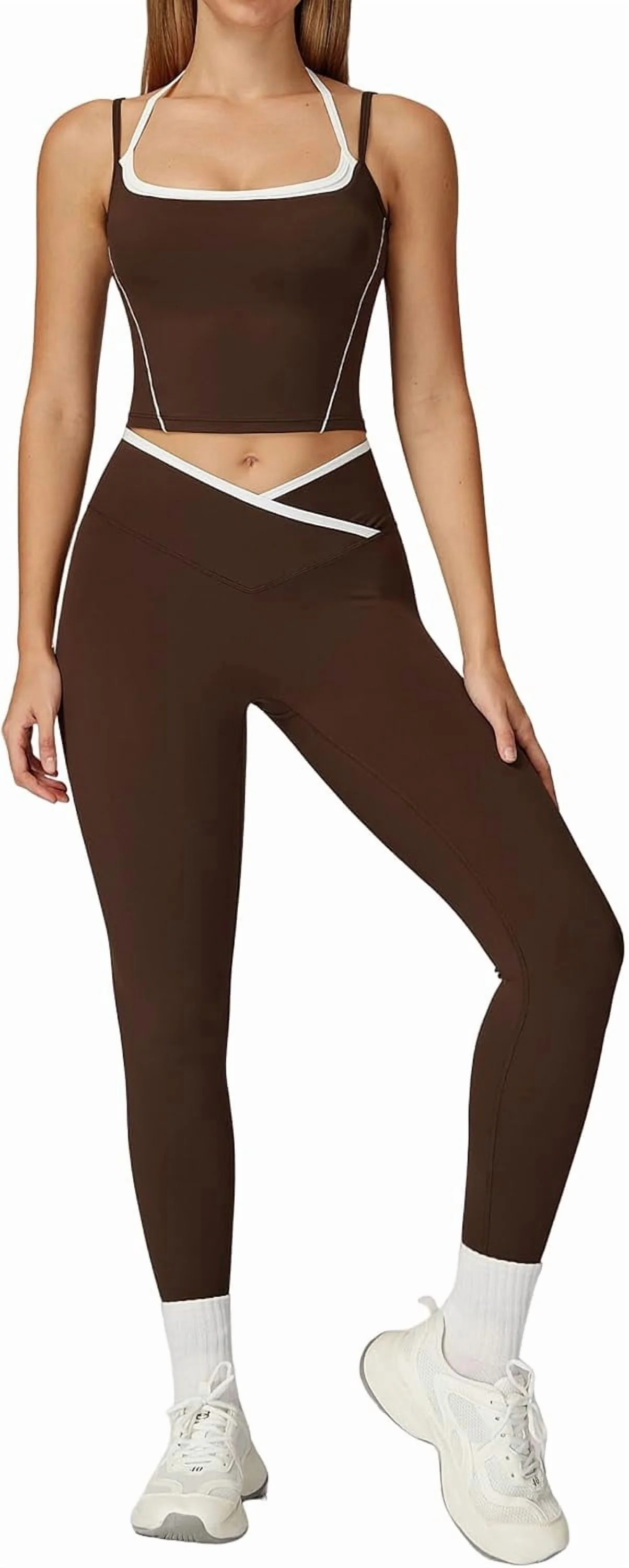 PISONIC Womens Workout Sets Two Piece Spaghetti Straps Tank Top Matching High Waist Leggings Gym ... | Walmart (US)