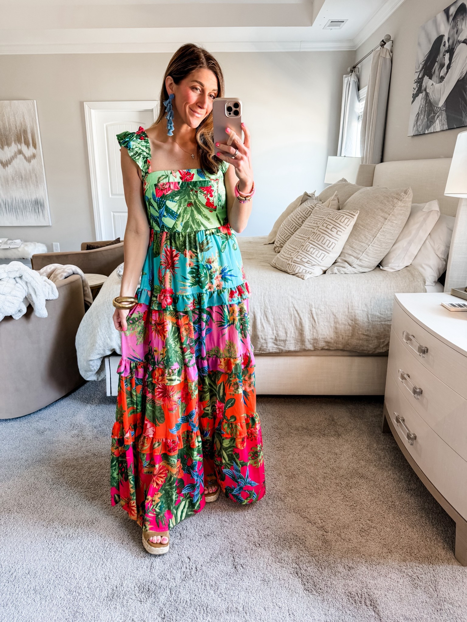 Dress is stunning, multicolor floral, tiered dress from Shop Avara. Wearing a medium. Smocking along the back and sleeve for adjustable straps. Beautiful ruffle details and great length. I’m 5’4 and paired with wedges. 

Linked jewelry and wedges- a lot are sold out so linked similar options 

Click here to shop 

Vacay | resort | beachy | colorful | tiered | maxi dress | long | blue | green | pink | orange | palm tree | beach | floral | ruffle | sand | palm tree | shop Avara | mom style | wedges | necklaces | bracelets | beaded | Allie + Bess  

#LTKTravel #LTKootd #LTKmomlife
