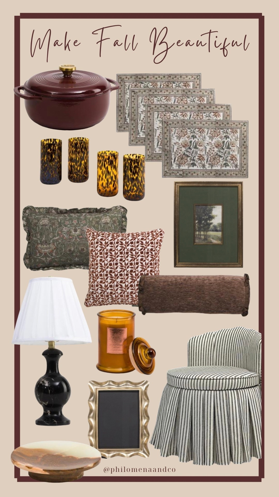 fall home decor, fall decor finds, fall home finds, fall decorating ideas, fall home inspiration, elevated fall decor, designer fall decor, cozy fall decor, neutral fall decor, moody fall decor, burgundy home decor, brown home decor, chocolate brown decor, dark green home decor, autumn home decor, autumn decorating ideas, fall living room decor, fall bedroom decor, fall entryway decor, traditional fall decor, modern traditional decor, modern traditional home, English country decor, English cottage decor, cottage style decor, grandmillennial decor, collected home decor, layered home decor, vintage inspired decor, vintage home finds, designer home finds, affordable luxury home decor, cozy home finds, fall textiles, fall throw pillows, floral throw pillow, brown throw pillow, lumbar pillow, block print pillow, vintage floral pillow, fall pillow covers, tortoise glass, tortoise candle holders, tortoise home decor, amber glass decor, amber candle, fall candle, burgundy Dutch oven, burgundy cookware, striped accent chair, skirted accent chair, vintage picture frame, brass picture frame, vintage wall art, landscape wall art, floral placemats, fall table decor

#LTKHome #LTKSeasonal