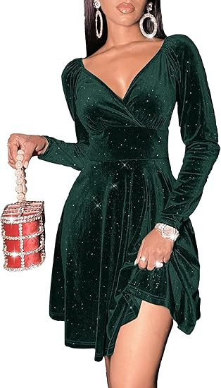 Sexyasasii Womens Wrap V Neck Long Sleeve Velvet Glitter A Line Cocktail Party Swing Fit and Flar... | Amazon (US)