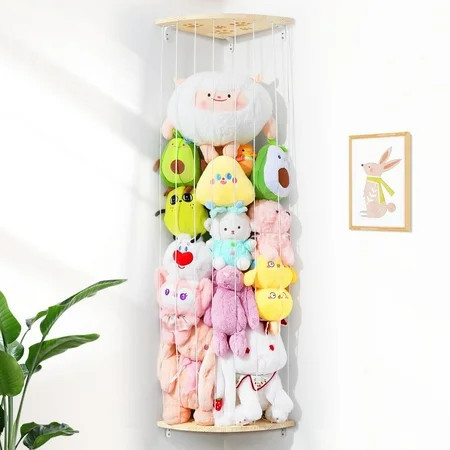 Corner Stuffed Animal Storage Net - Heigh Adjustable Wood Stuffed Animal Organizer - Large Wall Plush Holder Teddy Bear Storage for Bedroom Kids Room Nursery Decor | Walmart (US)