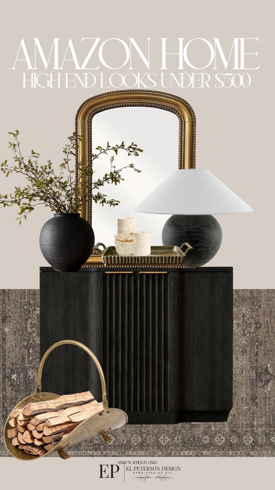 Amazon
Mirror 
Table lamp
Accent cabinet
Rug
Log holder
Vase
Candle holder
Match holder
Tray