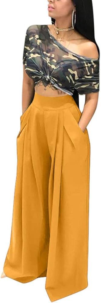 LROSEY Women's Stretchy Solid Color High Waisted Wide Leg Palazzo Pants with Pockets | Amazon (US)