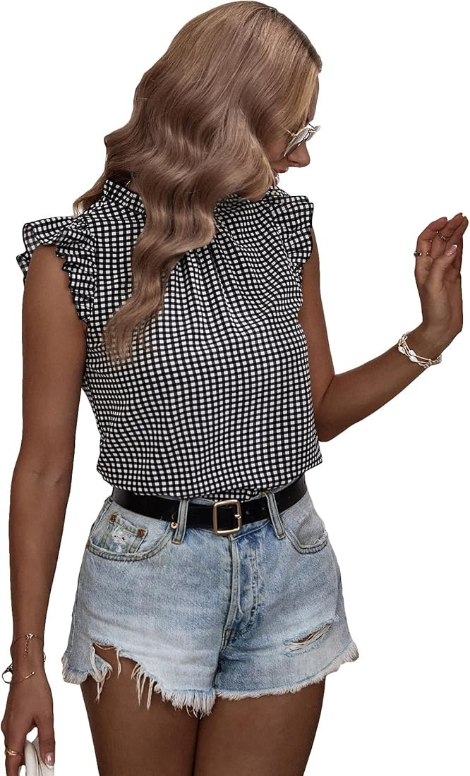WDIRARA Women's Plaid Mock Neck Ruffle Cap Sleeve Keyhole Back Blouse Gingham Top | Amazon (US)