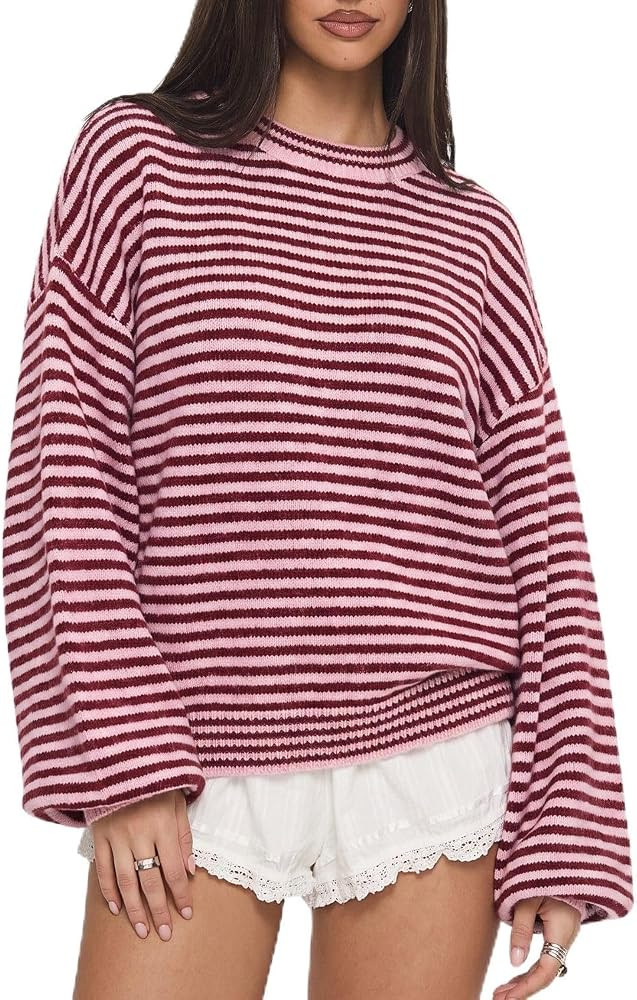 QINSEN Women's Crewneck Oversized Sweater Striped Long Sleeve Pullover Top | Amazon (US)