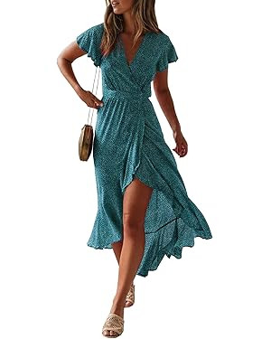 ZESICA Women's 2024 Bohemian Floral Printed Wrap V Neck Short Sleeve Split Beach Party Maxi Dress | Amazon (US)