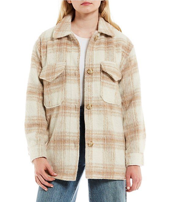 Plaid Button Front Stand Collar Cozy Shirt Jacket | Dillard's
